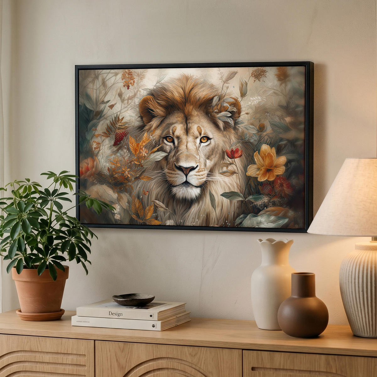 LEINWAND Bilder mit Rahmen - Löwe - Wildtiere - Pflanzen - Natur - Blumen - 60x40 - Beige, Textil (60/40cm) - MuchoWow