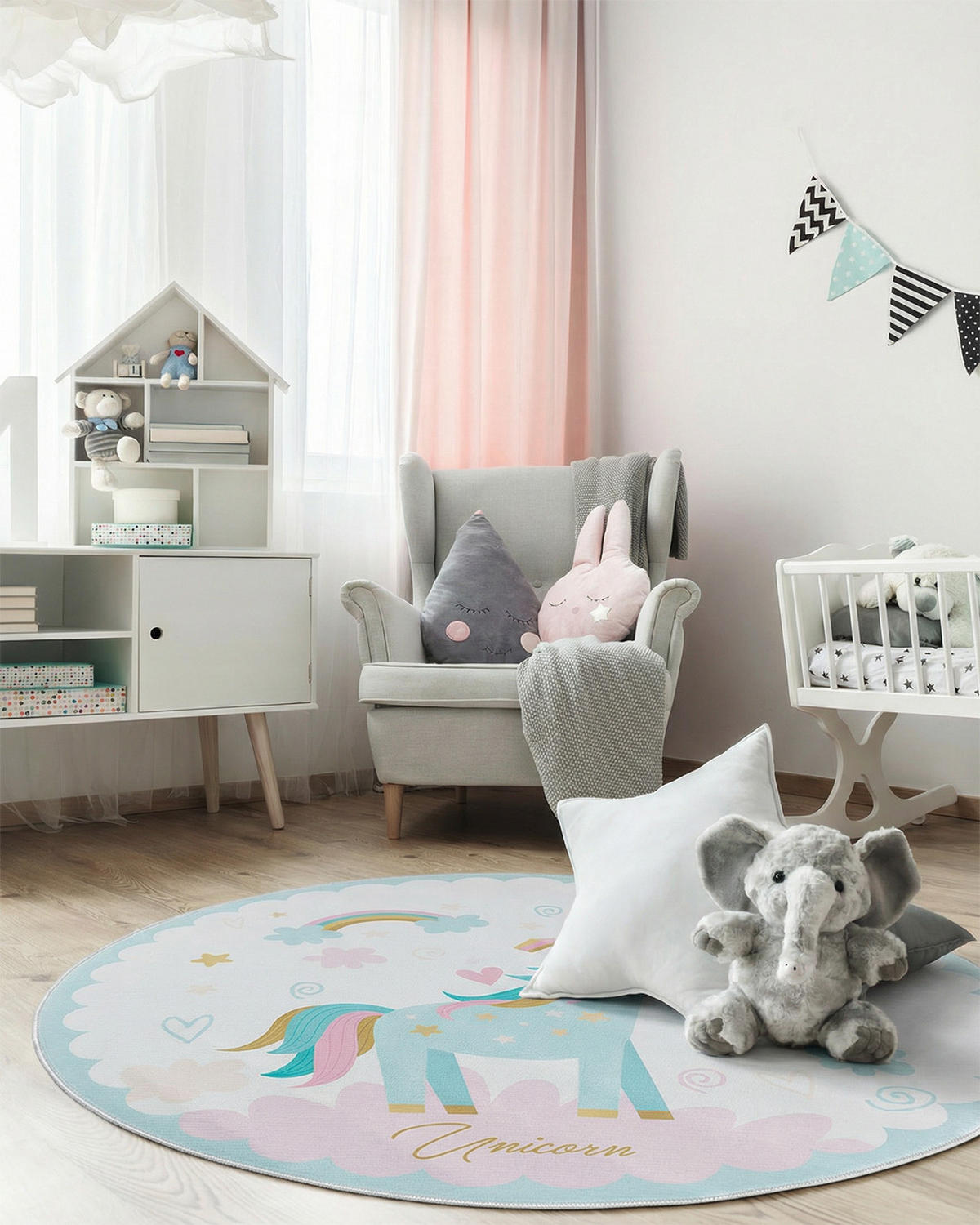 KINDERTEPPICH Bambini Dolce Mazovia Rund Ø100cm Weiß Rosa Einhorn Kurzflor - Türkis, Textil (100/100cm) - Mazovia
