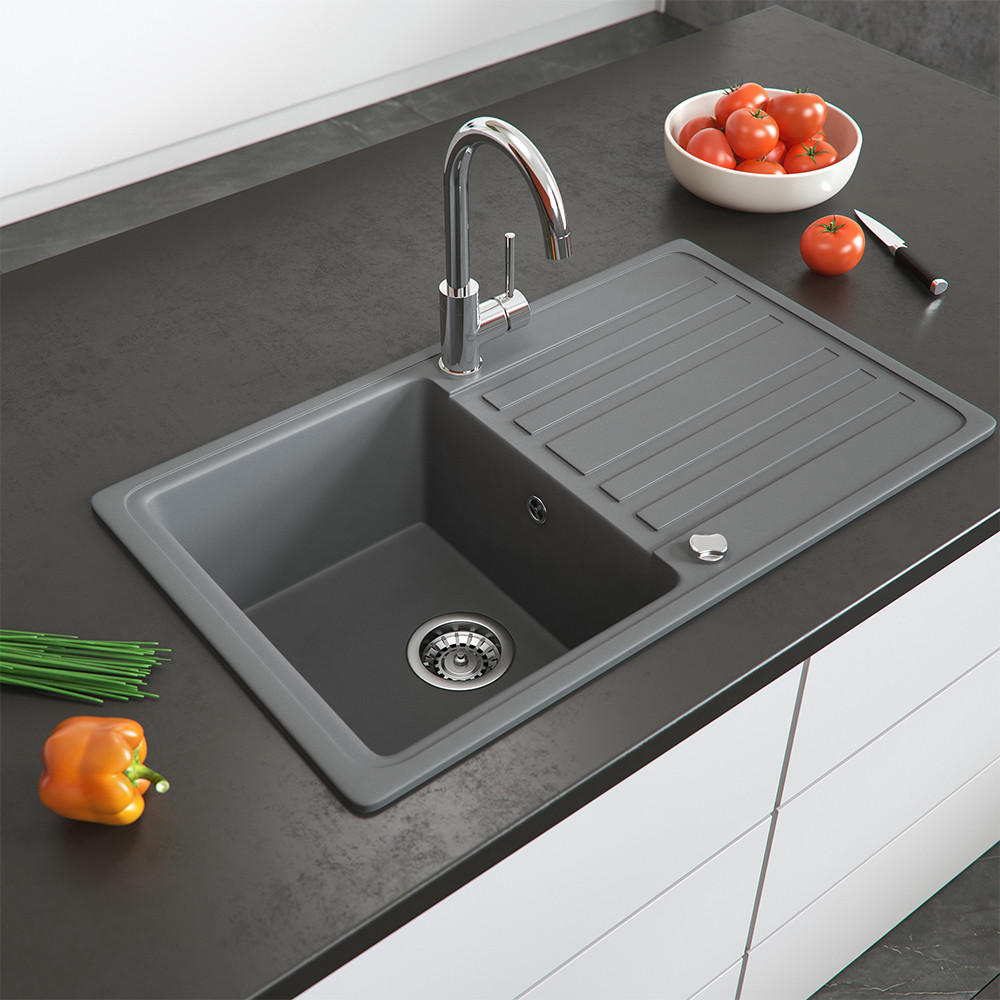 SPÜLBECKEN Grau 76.5 x 46 cm mit Trockenplatz - Dunkelgrau, Keramik (76.5/19/46cm) - Bergstroem