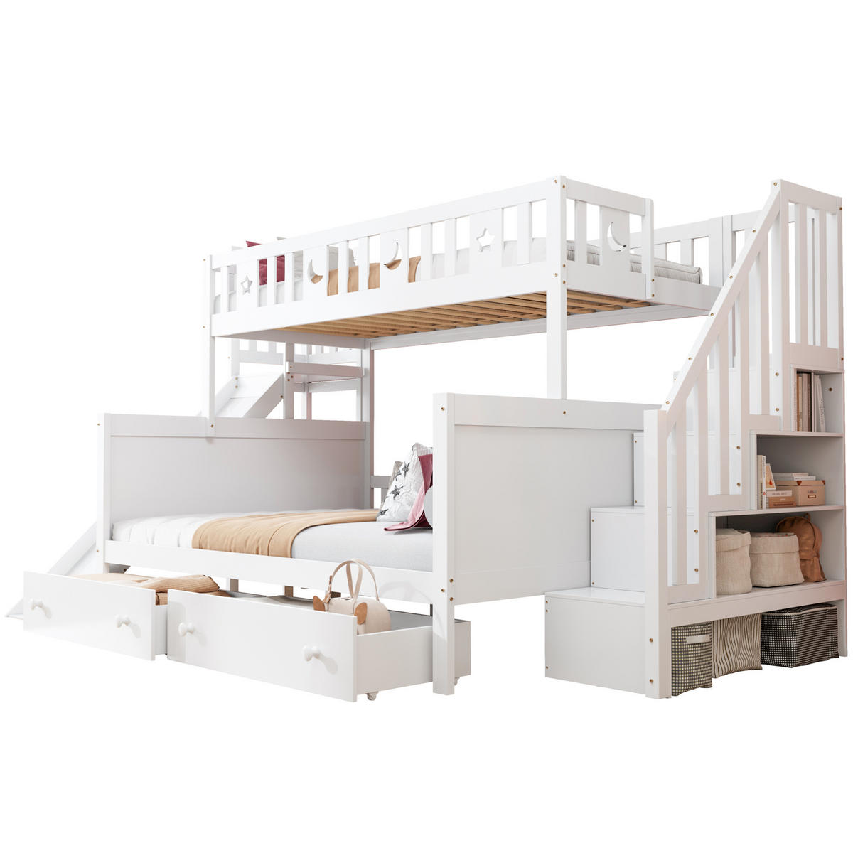 ETAGENBETT Kinderbett 90/200 & 140/200 cm aus Massivholz mit Rutsche, Leiterregal und 2 Schubladen Weiß - Weiß, Holz (90/140cm) - Modenvie
