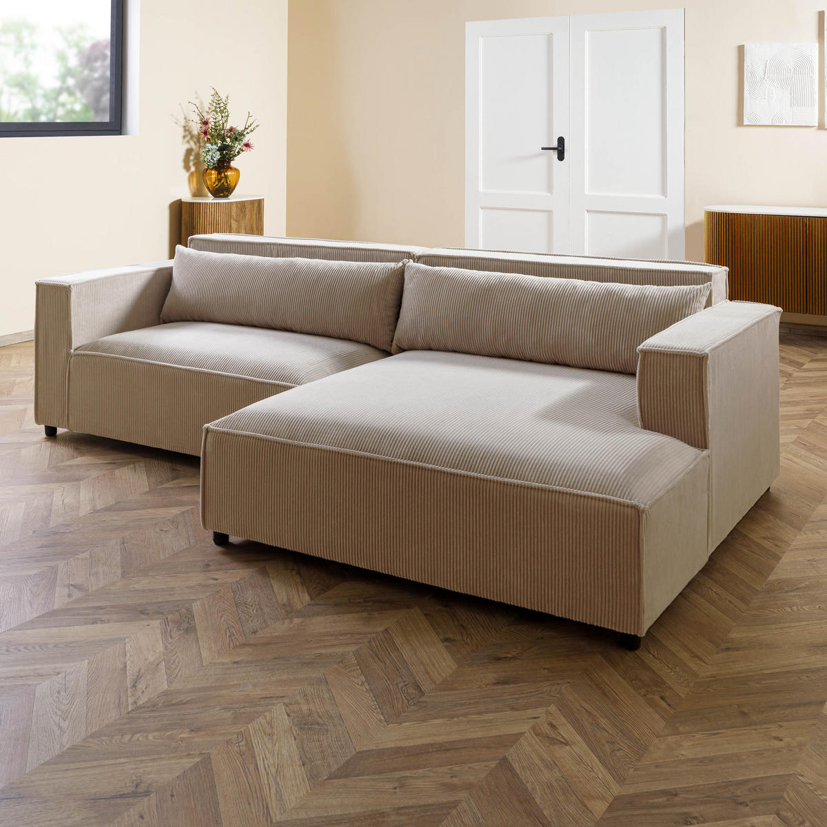 ECKSOFA Ottomane rechts Cord Velours 266x150x80 beige FINN - Beige, Kunststoff (266/150cm) - Massivmoebel24