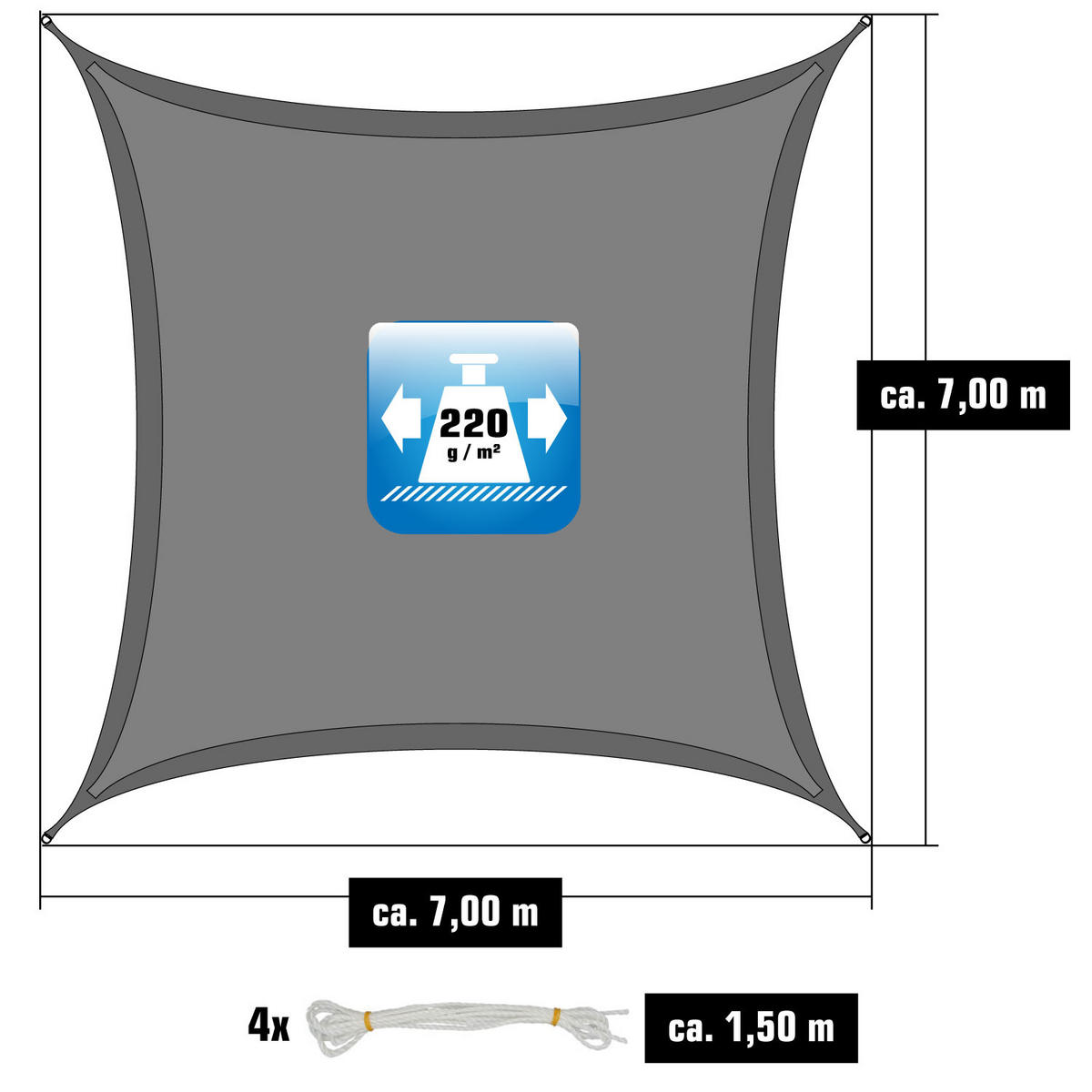 UV-SONNENSEGEL 7/7 m, Viereckig, Wasserdurchlässig, Grau - Grau, Kunststoff (700/700cm) - Amanka