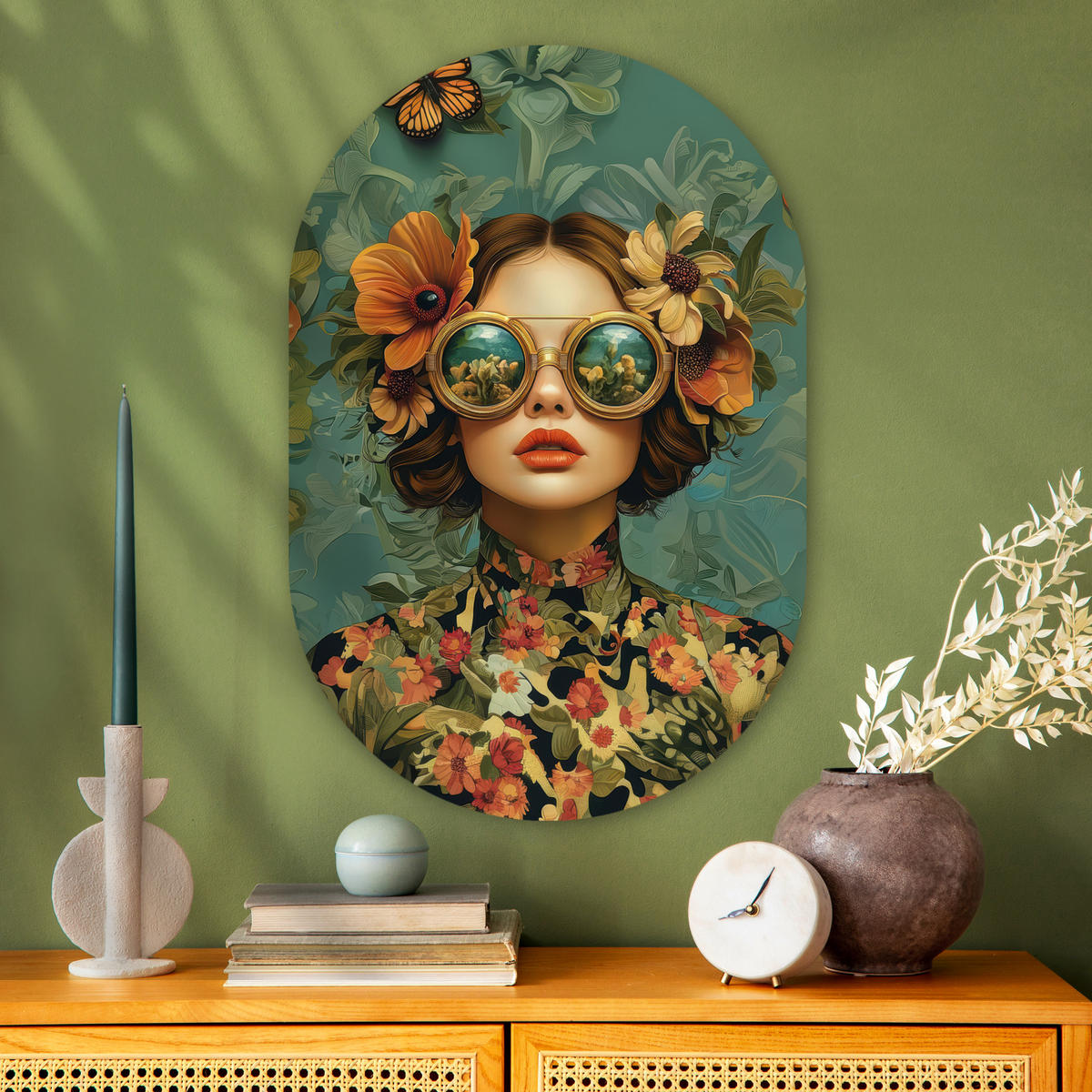 WANDBILD Frau - Blumen - Schmetterlinge - Natur - Vintage 60x90 cm - Petrol, Kunststoff (60/90cm) - MuchoWow