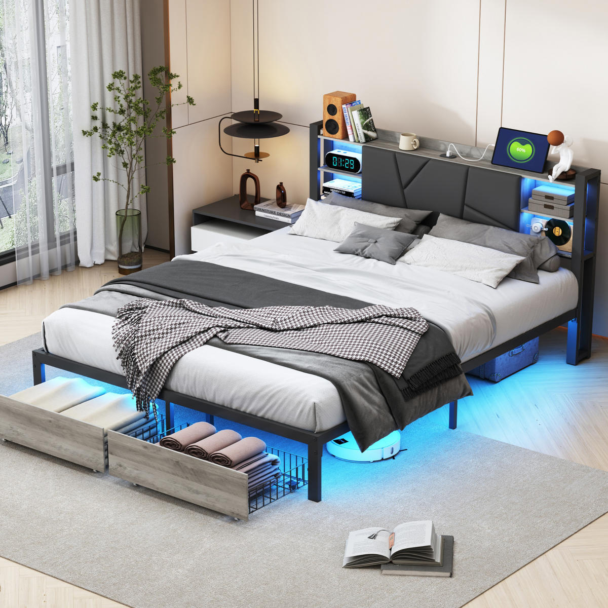 DOPPELBETT 140 x 200 cm, Kopfteil mit LED-Beleuchtung und USB-Anschlüssen, mit 2 Schubladen und Staufächern, PU - Schwarz, Holzwerkstoff - WoodenAura