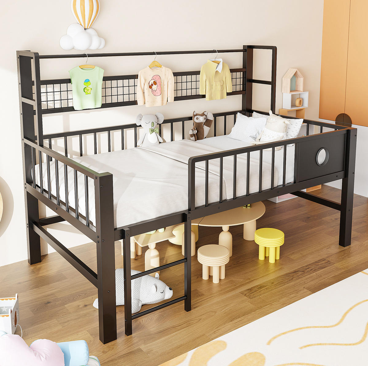 KINDEREINZELBETTEN aus Metall 90x200 cm in Schwarz mit Sicherheitsgitter & Stauraum - Schwarz, Metall (90/200cm) - Modfu