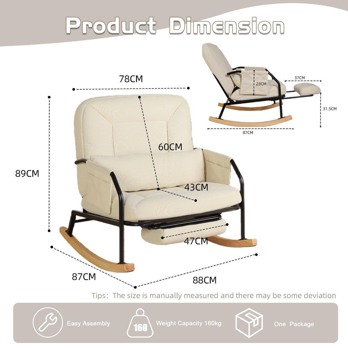 SCHAUKELSTUHL,ÜBERGROSS mit Fußstütze verstellbare Lehne Metallholz Cord,beige - Beige, Textil (87/89/88cm) - Vallsero