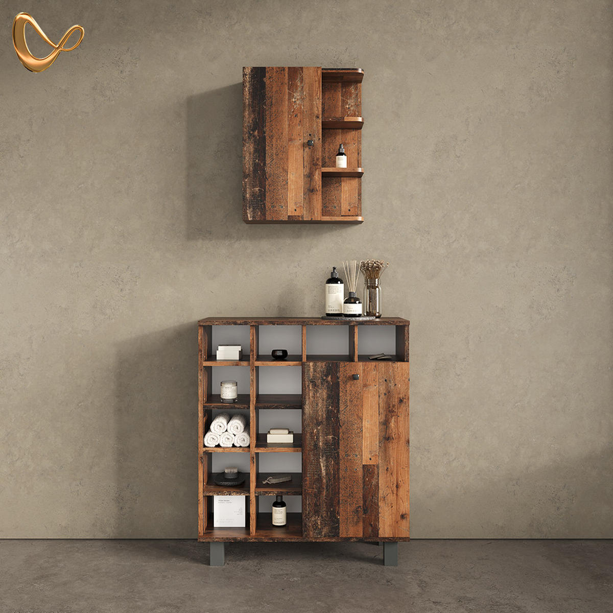 BADSCHRANK Fucino Eiche rustikal 78.4 x 91.6 cm - Wildeiche, Holzwerkstoff (78.4/91.6/34cm) - Livinity®