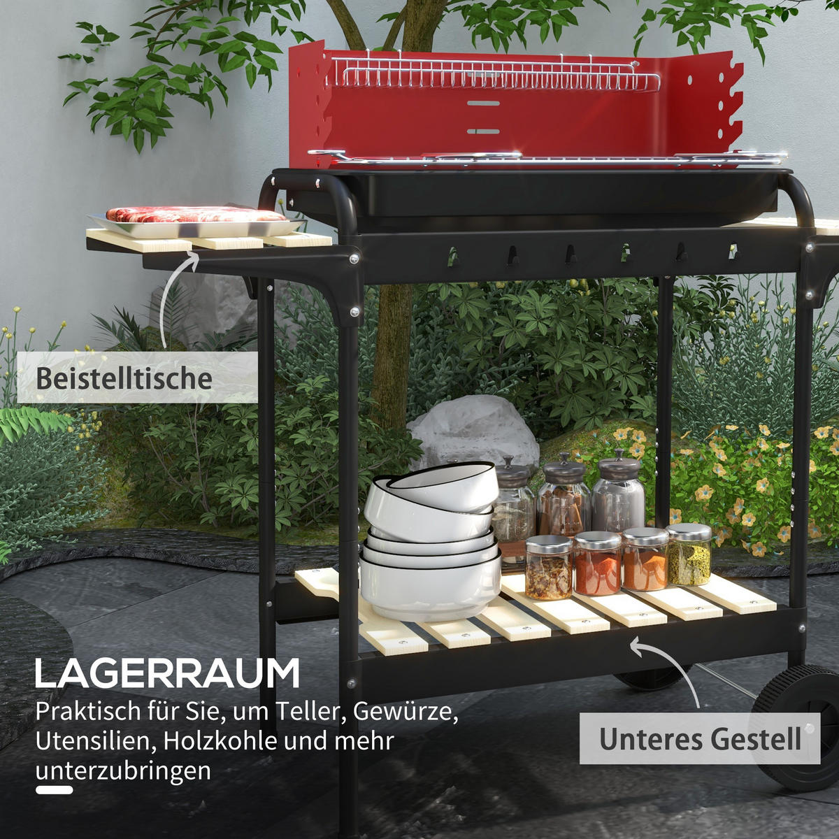 HOLZKOHLEGRILL aus Metall mit Räder - Rot, Metall (47/95/103cm) - Outsunny