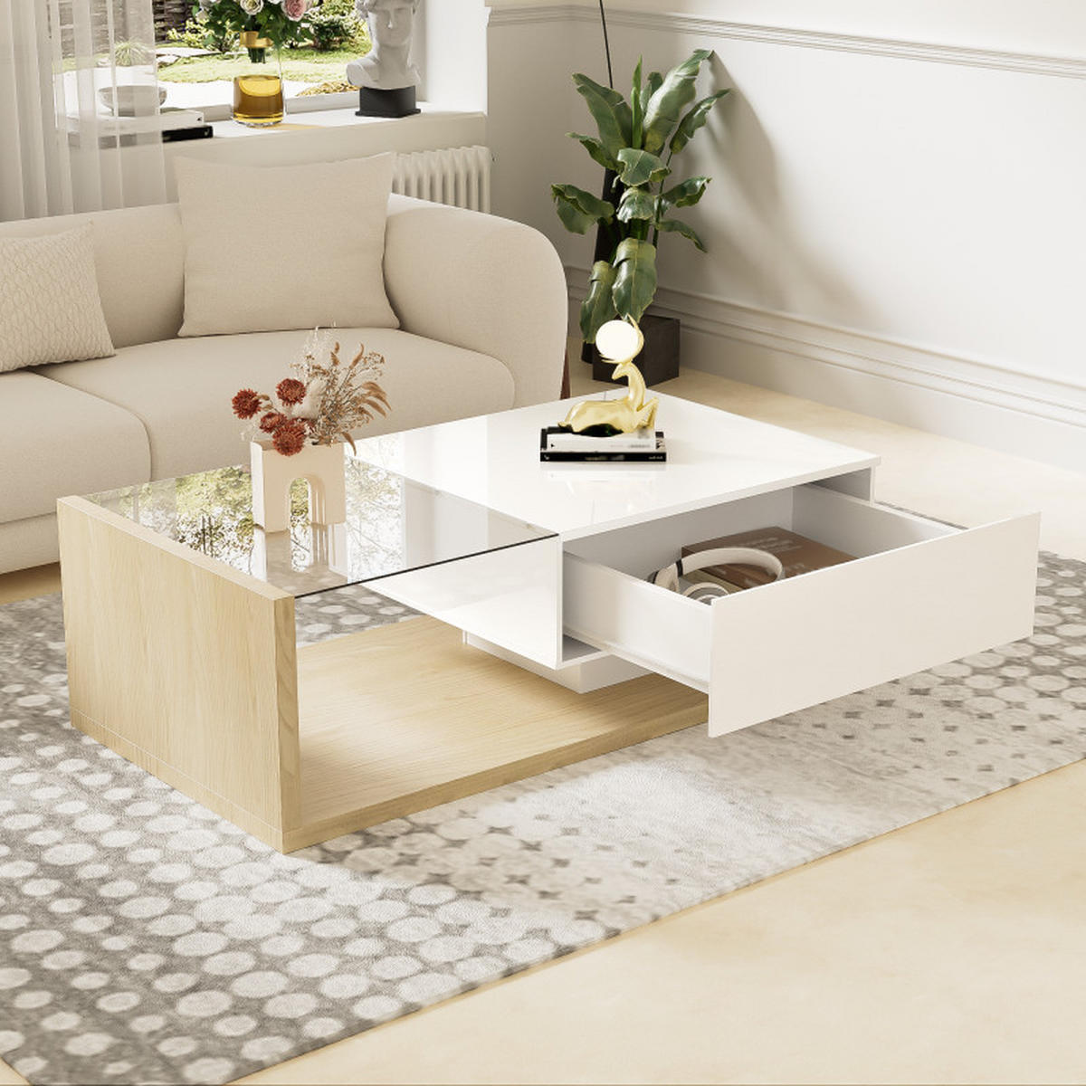 WOHNZIMMERTISCH Hochglanz 105x55x32 cm, Glasplatte, Ablagefach, Modern - Naturfarben, Holz (55/105/32cm) - PARAFTA HOME