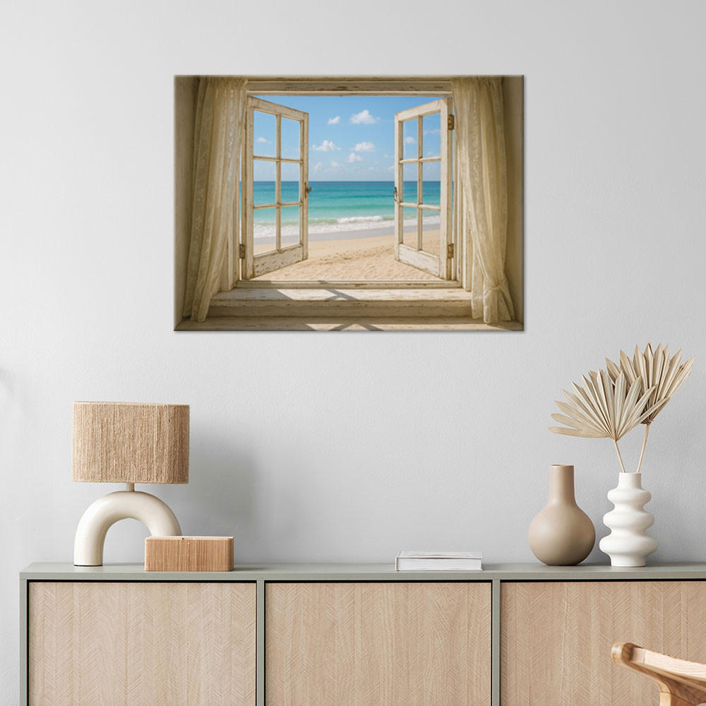 LEINWANDBILD Fensterblick auf Shabby Chic Strand 120x80cm - Blau, Textil (120/80cm) - Feeby