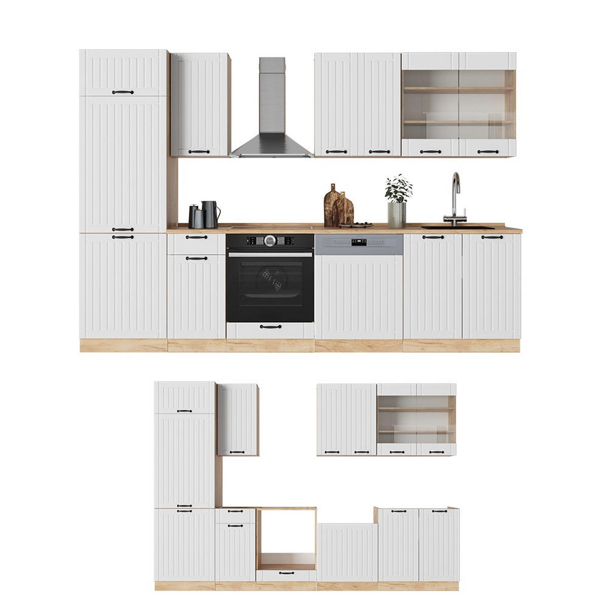 KUCHYNKA Fame-Line Biely vidiecky dom 300 cm , AP Marble - biela/dub medový, kompozitné drevo (300/206.8/60cm) - Vicco