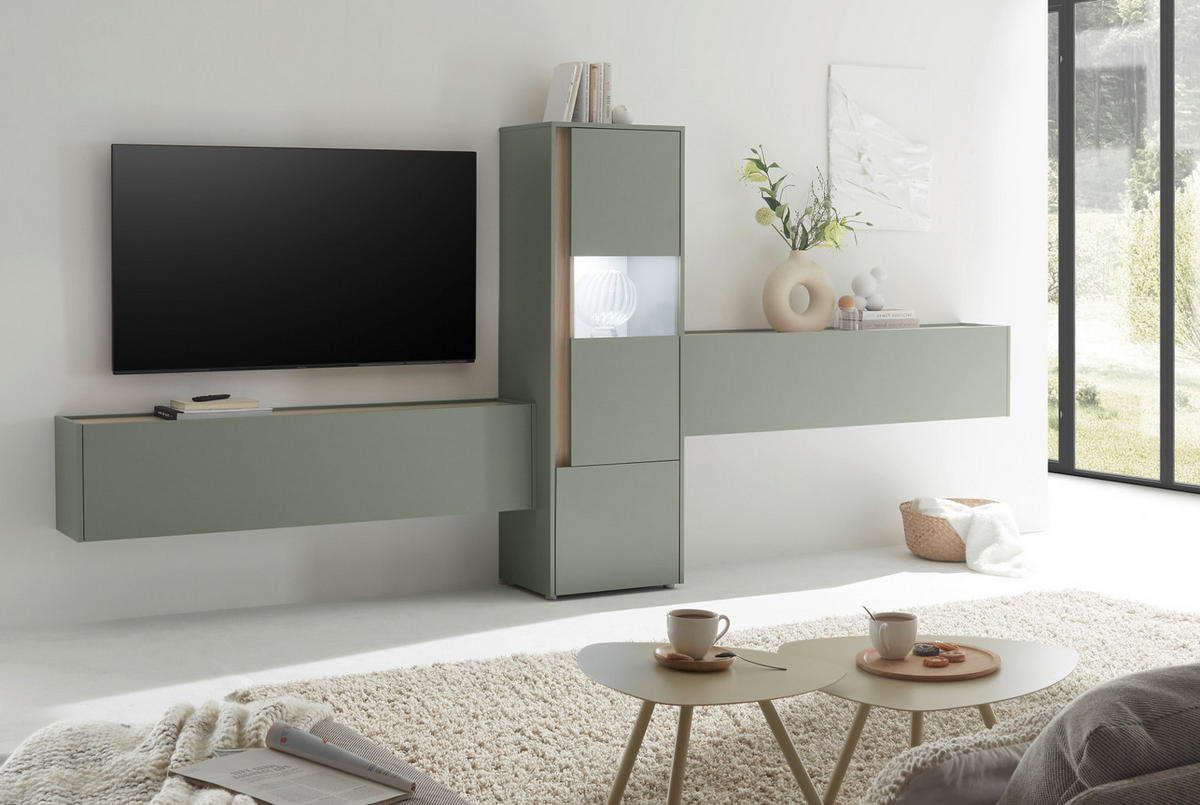 WOHNWAND 3-teilig in Salbei grün, Barista Eiche 350, Komplett-Set mit viel Stauraum - Salbeigrün/Eichefarben, Glas/Holzwerkstoff (350/155/40cm) - Furn.Design