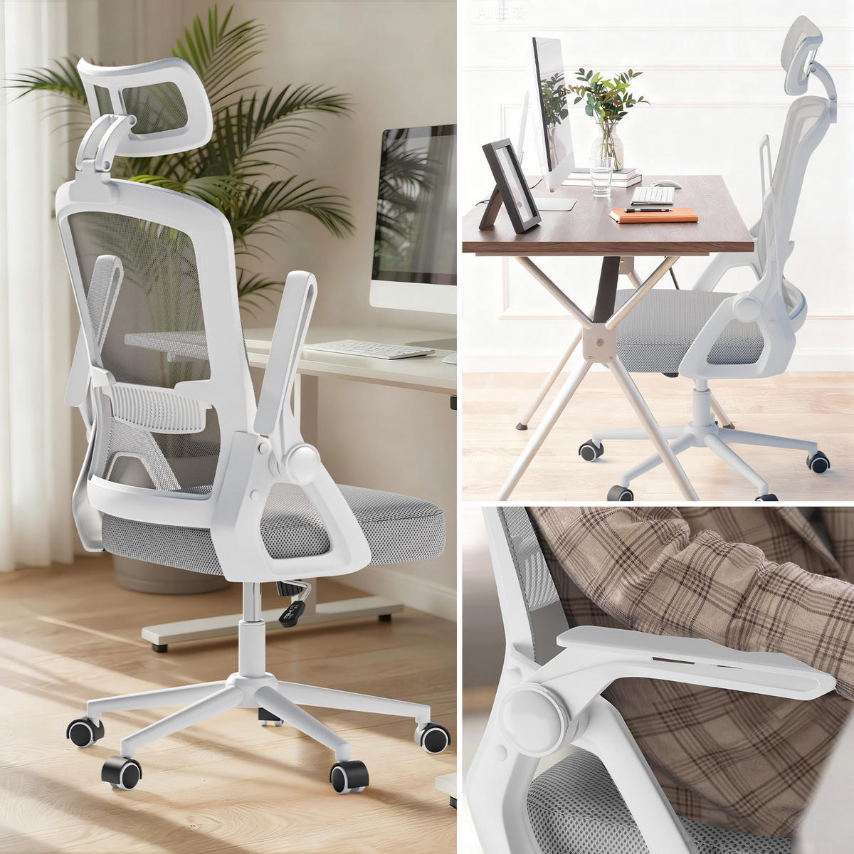 DREHSTUHL Mesh Weiß-Grau ergonomisch klappbare Armlehnen - Grau, Metall (23.5/52/62.5cm) - Rattrix