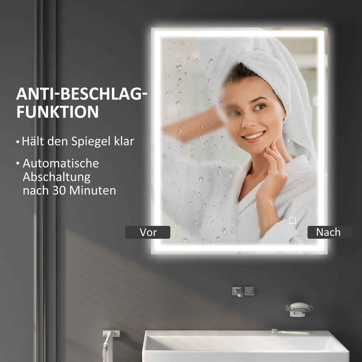BADSPIEGEL mit Beleuchtung 90x70 cm LED Spiegel, Silber - Silberfarben, Glas (90/4/70cm) - HOMCOM