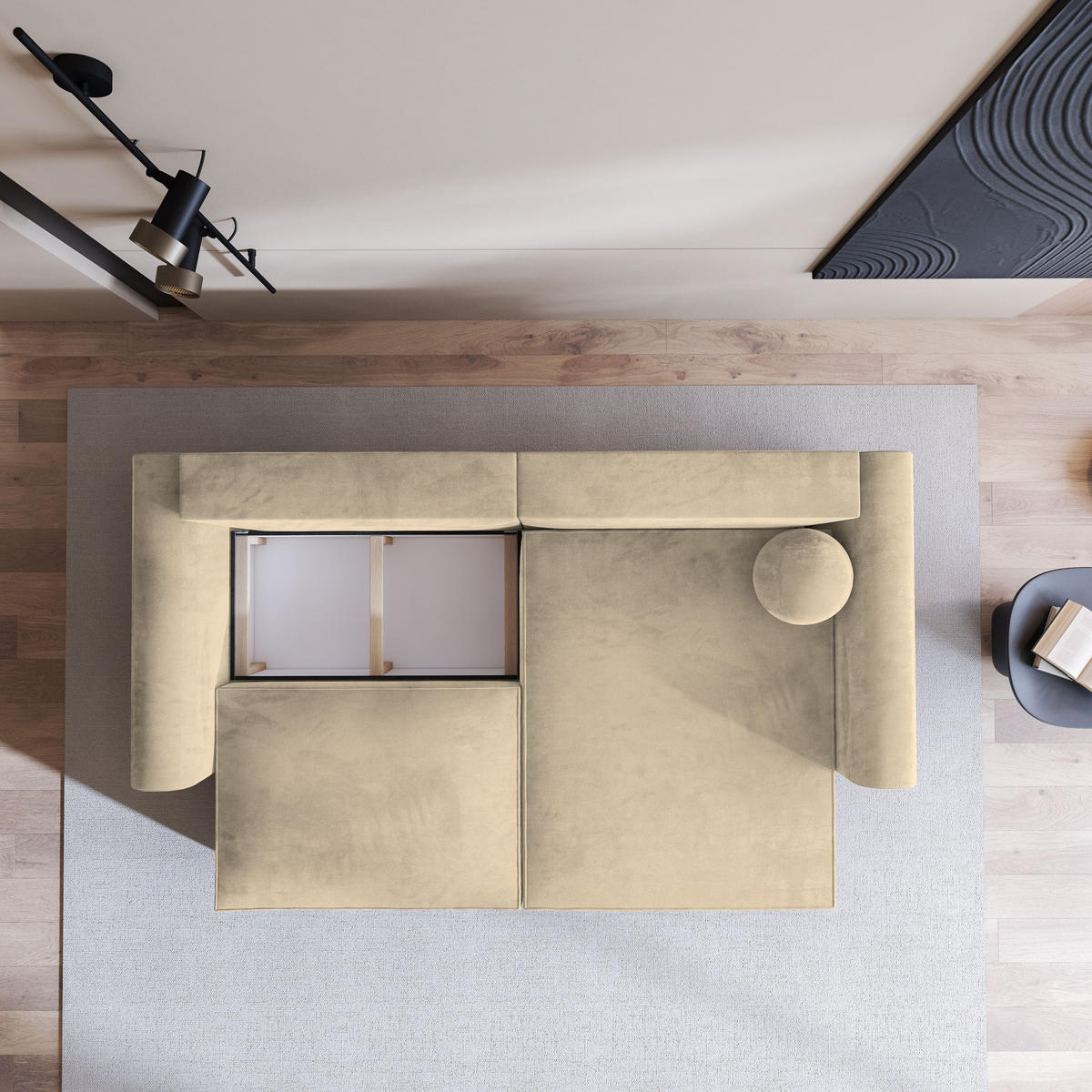 ECKSOFA FIANO M Creme Velours-Stoff mit Schlaffunktion - Creme, Holz (245/148cm) - MASSENO