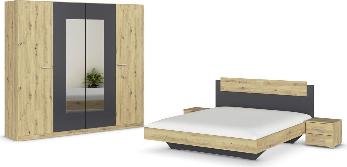 SCHLAFZIMMER Borba in Eiche und Grau 4 teilig – mit Bettanlage 160x200cm, zwei Nachttisch und Drehtürenschrank 225cm Breite - Braun, Holzwerkstoff (80/200/120cm)
