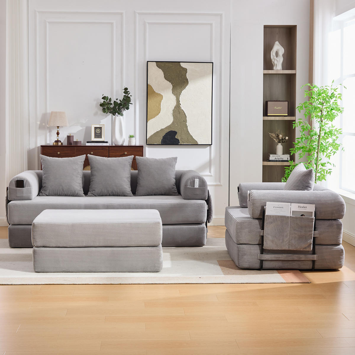SOFA modular mit Hocker 200 x 94 x 67 cm Cord Hellgrau - Hellgrau, Kunststoff (190/67/312cm) - Meubliv