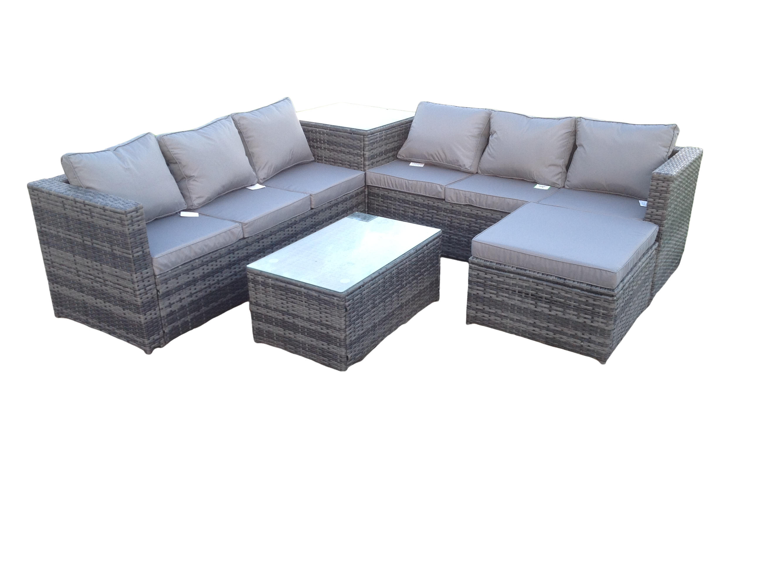 GARTENMÖBELSET mit Couchtisch Polyrattan 7-Sitzer - Dunkelgrau/Grau, Glas/Kunststoff - Fimous