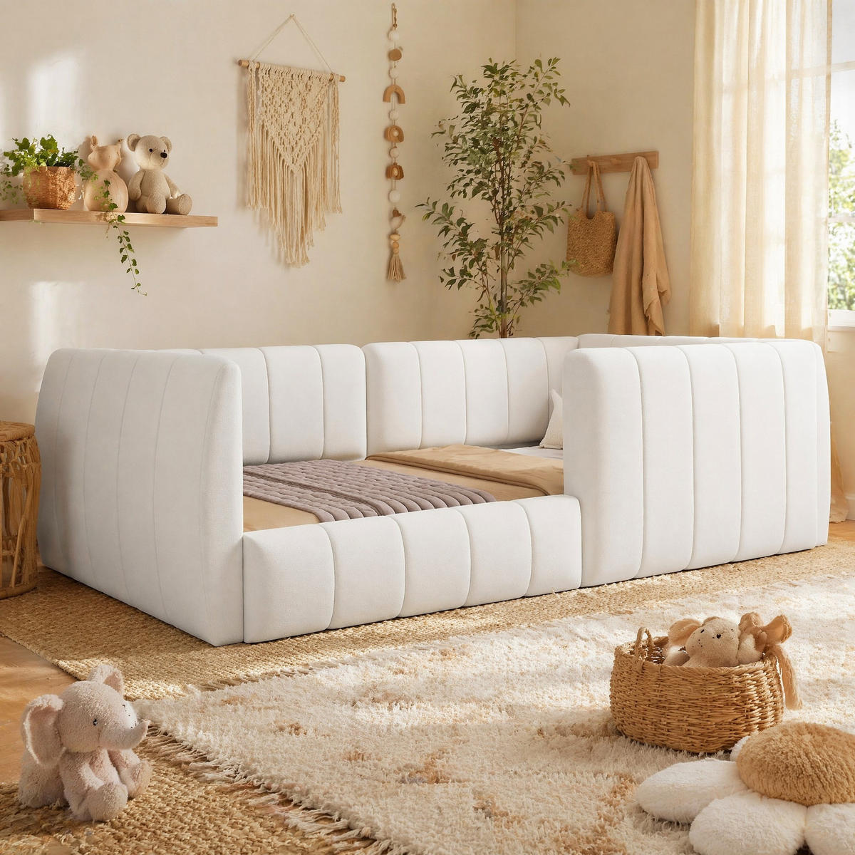 BOXBETT 90/200 mit Sicherheitsgeländer und gepolstertem Kopfteil in Beige - Beige, Holzwerkstoff/Textil (90/200cm) - EVRYAE