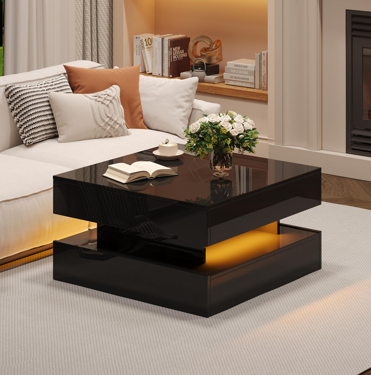 KONFERENČNÍ stolek, 65/65/38,5 cm černý, výklopná deska, 2 zásuvky a LED osvětlení - černá, kompozitní dřevo (65/65/38.5cm) - BEAOK