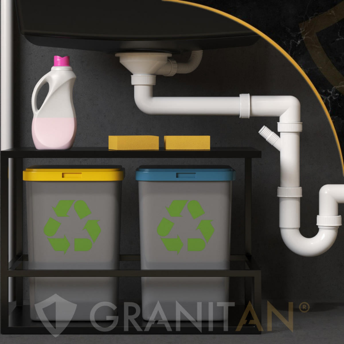 SPÜLBECKEN Napo 55 Schwarz 3-tlg. 55/42 cm Unterbau Granitkomposit mit Siphon - Schwarz, Stein (55/42/20cm) - Granitan