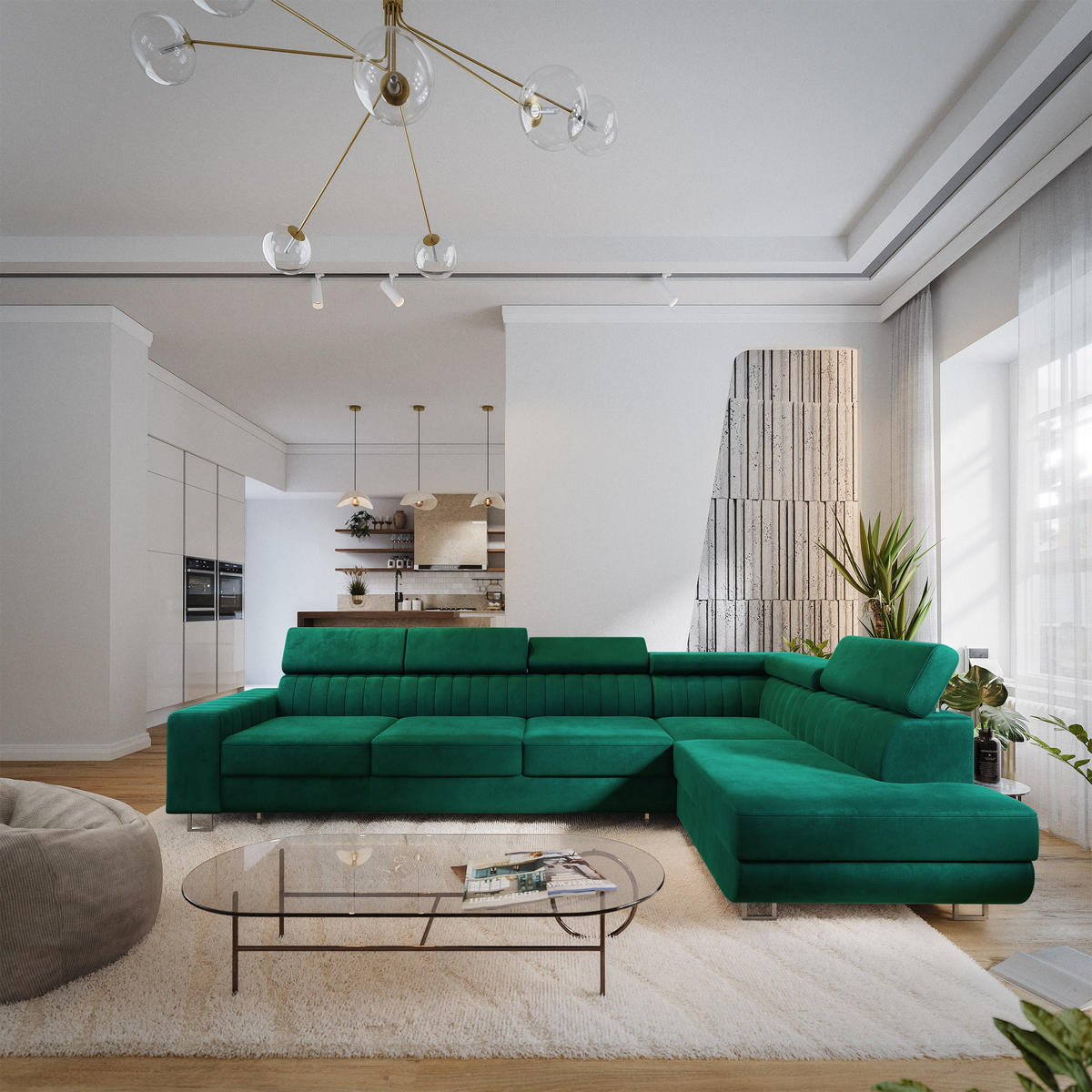 ECKSOFA HESTION Grün Velours-Stoff mit Schlaffunktion - Grün, Holz (332/190cm) - MASSENO