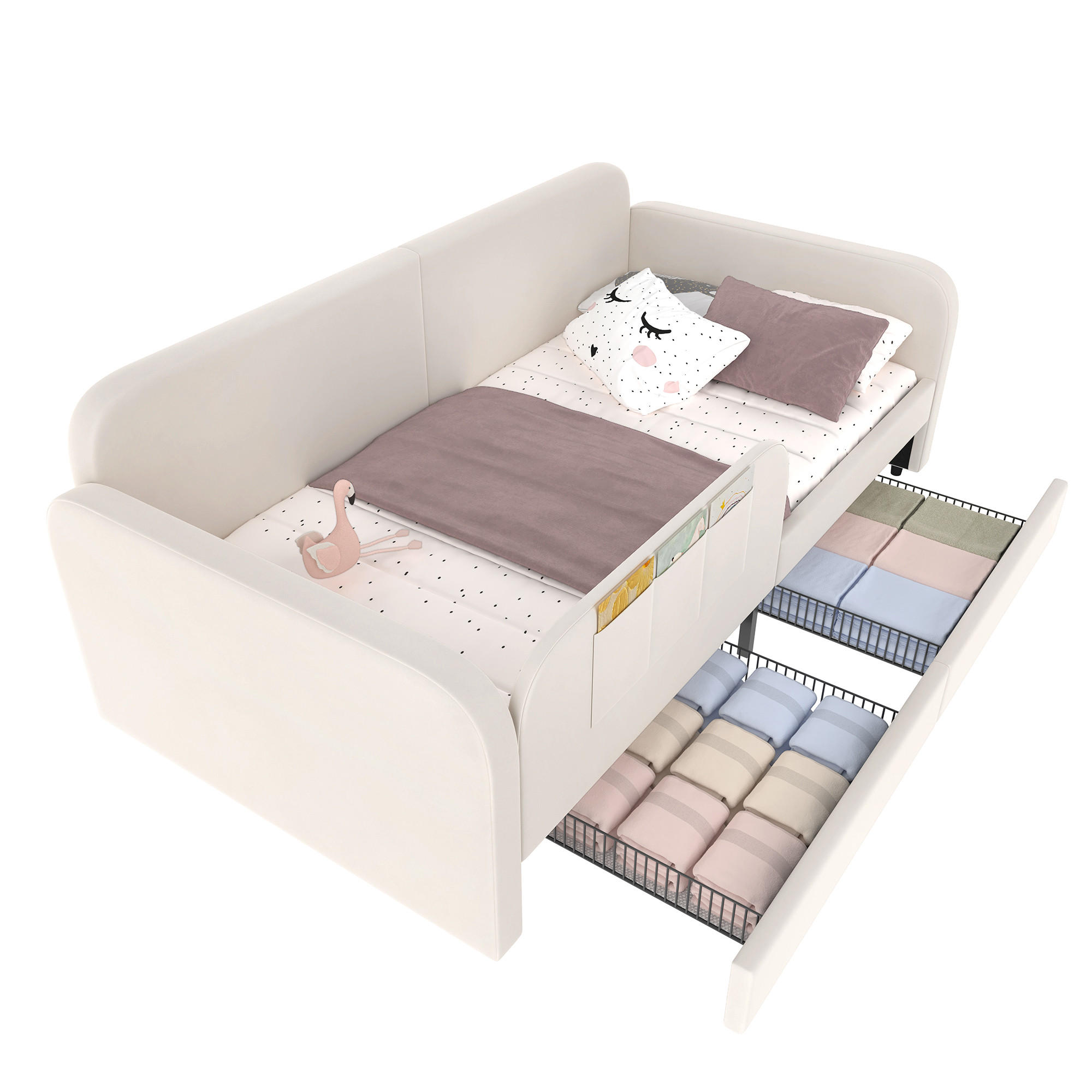 POLSTERBETT 90/200 cm Weiß mit Stauraum und erhöhtem Zaunbrett aus Samt - Weiß, Textil (90/200cm) - OKWISH