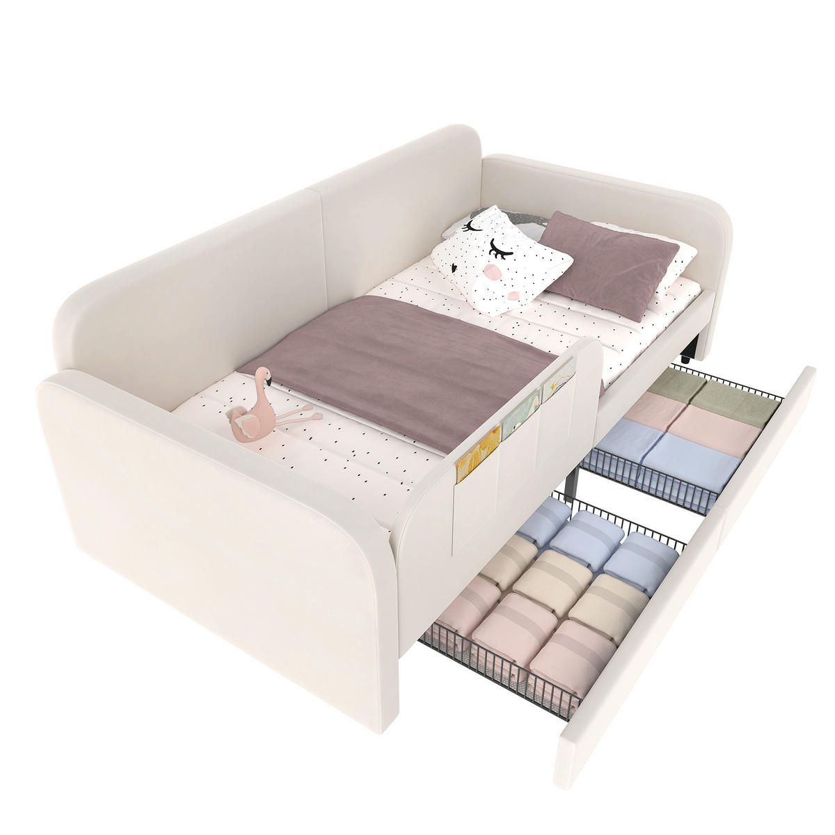 POLSTERBETT 90/200 cm Weiß mit Stauraum und erhöhtem Zaunbrett aus Samt - Weiß, Textil (90/200cm) - OKWISH