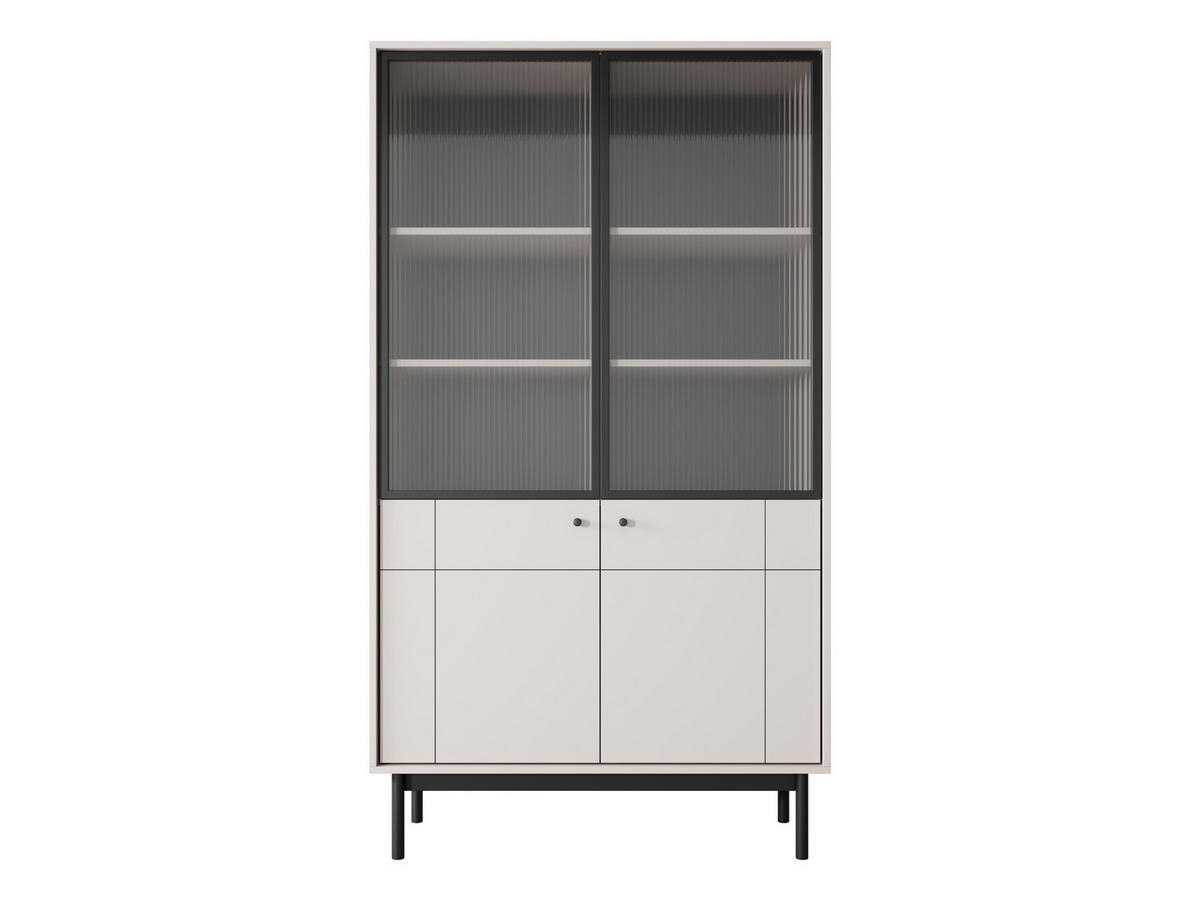 VITRINE SORA W4D (Cashmere, Gefräste Front, Riffelglas, Haefele Soft-Close, Holzfüße) - Kaschmir/Schwarz, Glas/Holz (104/185/39cm) - Ravio