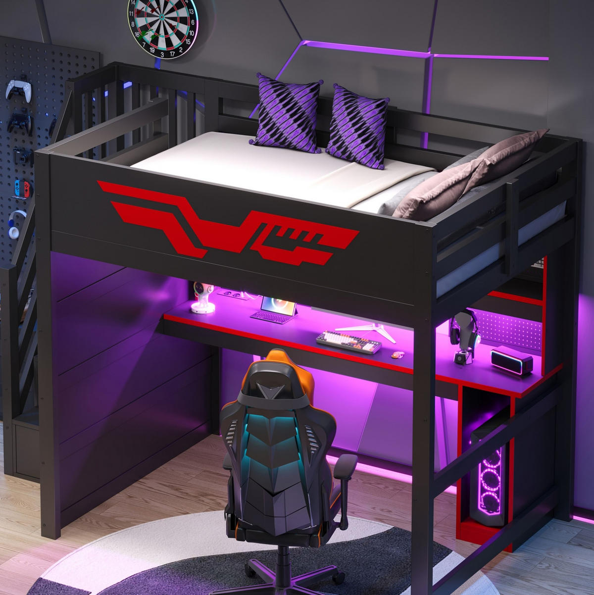 GAMING-HOCHBETT MDF & Sperrholz 140x200 cm Schwarz/Rot mit Schreibtisch, Stauraumtreppe, LED und USB - Schwarz, Holzwerkstoff (140/200cm) - Modfu