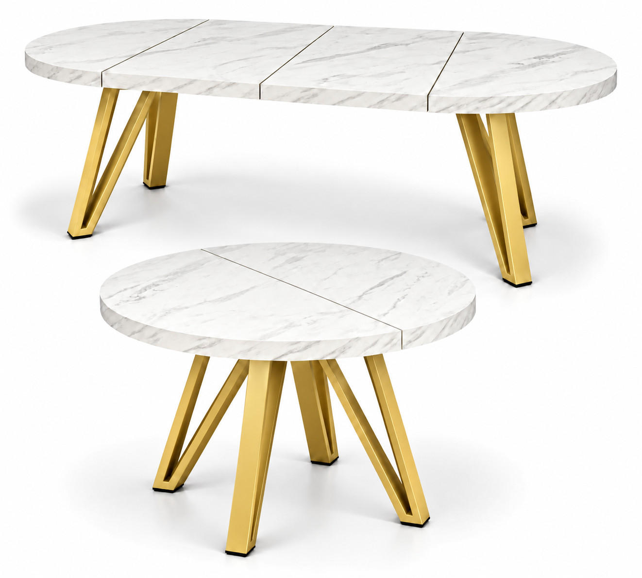 ESSTISCH rund ausziehbar 110/210/76 cm, Marmor, 54 cm Tischplatte + Industrial Metallgestell Gold - Goldfarben/Hellgrau, Holzwerkstoff/Metall (110/210/76cm) - Damale Möbel