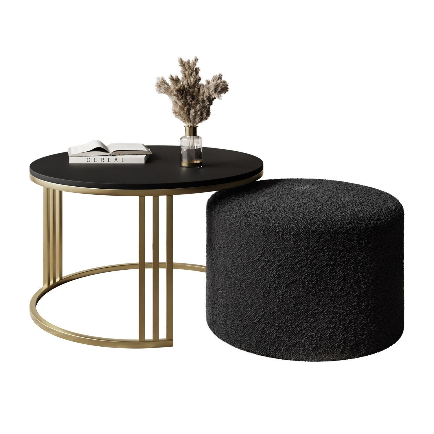 COUCHTISCH mit Hocker LORI MAT gebürstetes Gold/schwarz matt/Coral 60 - Schwarz, Metall (70/70/49cm) - Lookway