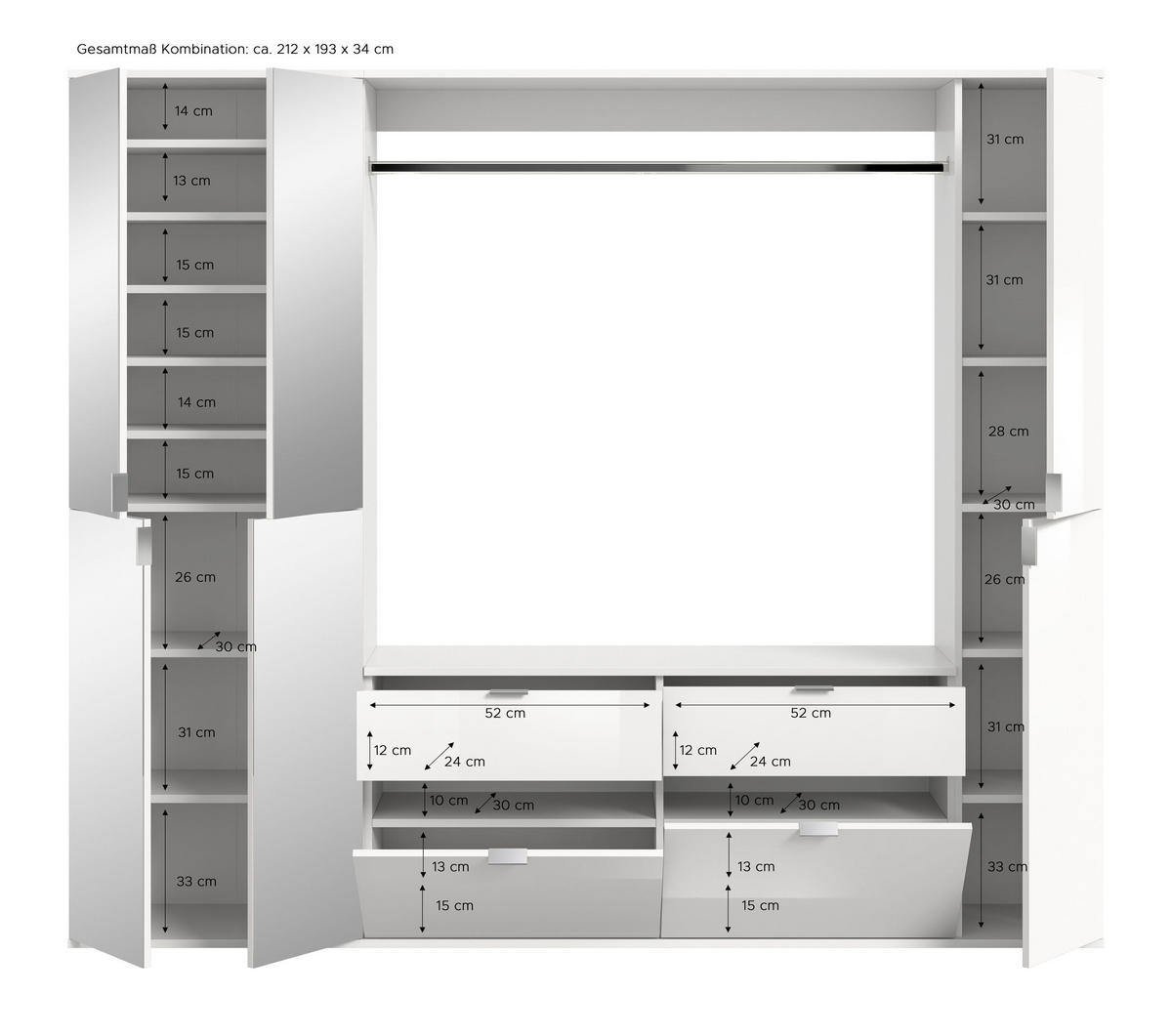 GARDEROBENKOMBINATION 3tlg. Projekt X Garderobe in weiß Nb. und weiß hochglanz B/H/T: 212x193x34 cm - Weiß, Holzwerkstoff (212/193/34cm)