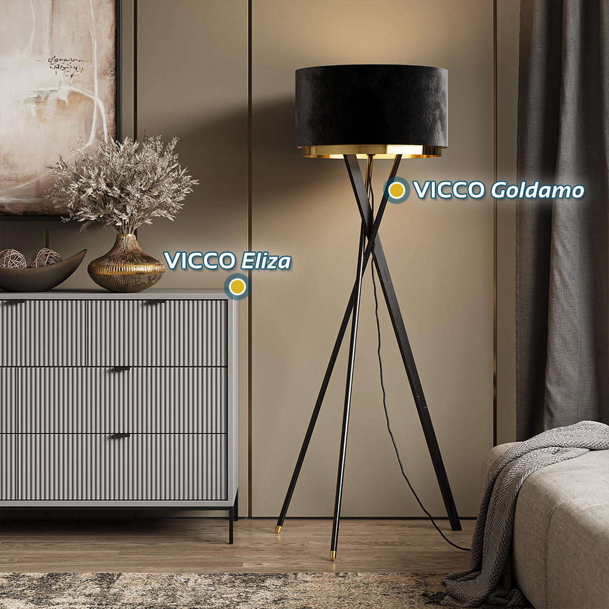 STOJACÍ LAMPA Goldamo Černá - černá/zlatá, kov (50/50/154cm) - Vicco