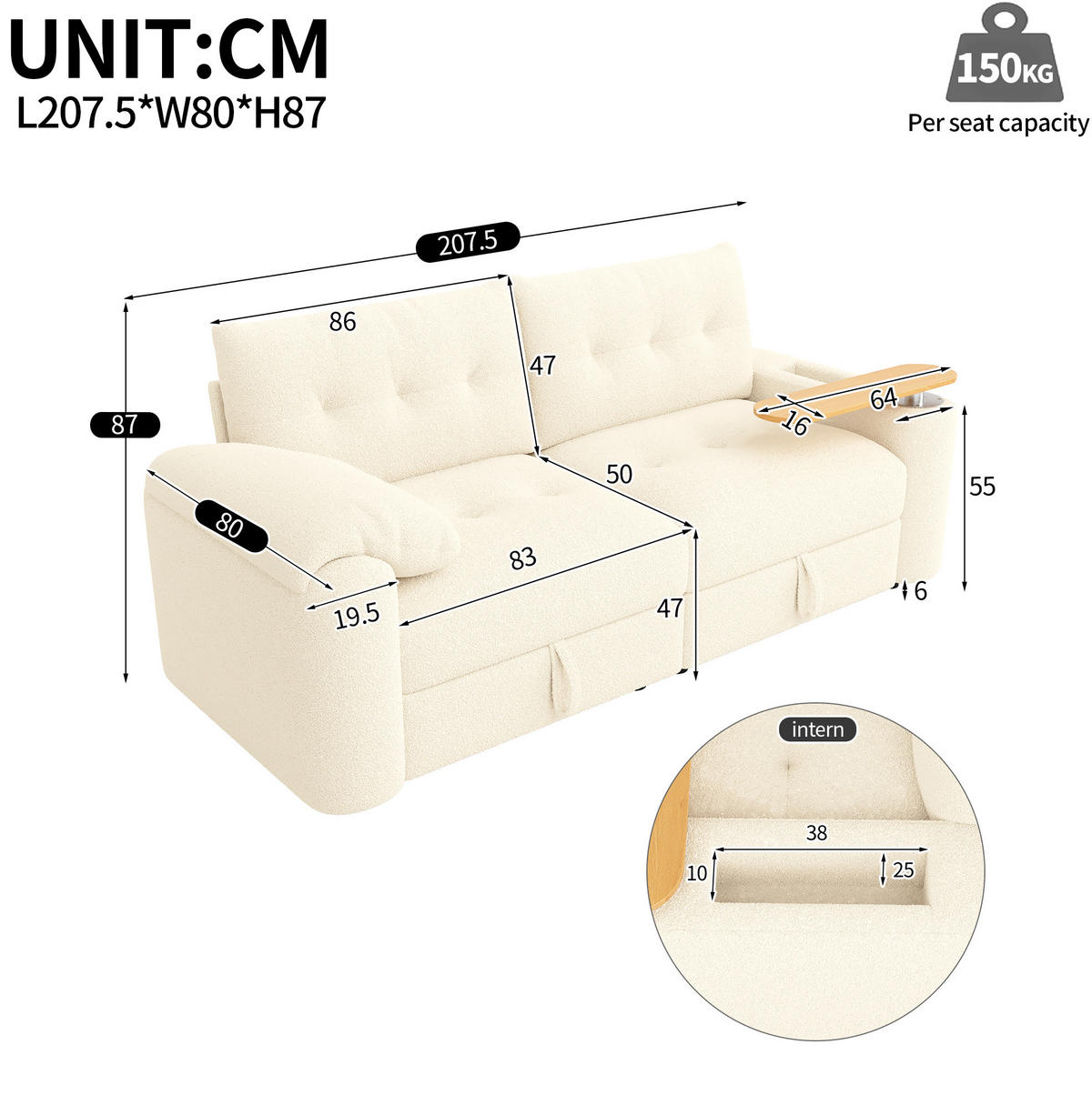 SOFA modular 2-Sitzer mit Stauraum 207,5 x 80 x 87 cm Teddy Beige - Beige, Textil (207.5/87/80cm) - IVMEU