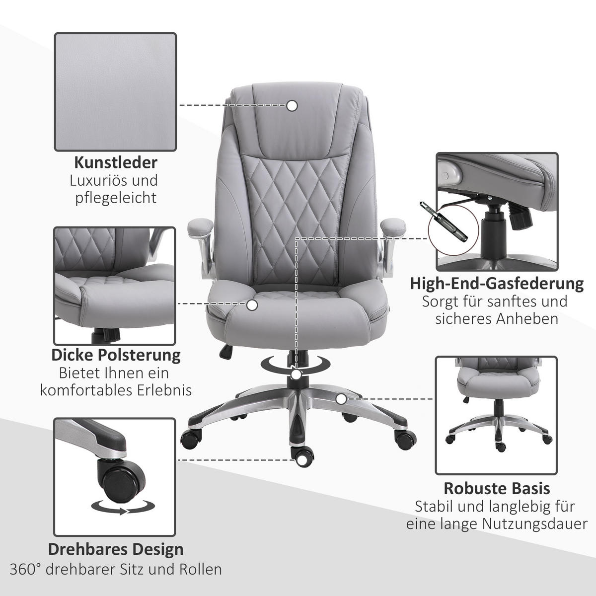 BÜROSTUHL, Kunstleder, Grau - Grau, Kunststoff (71/121/70cm) - Vinsetto