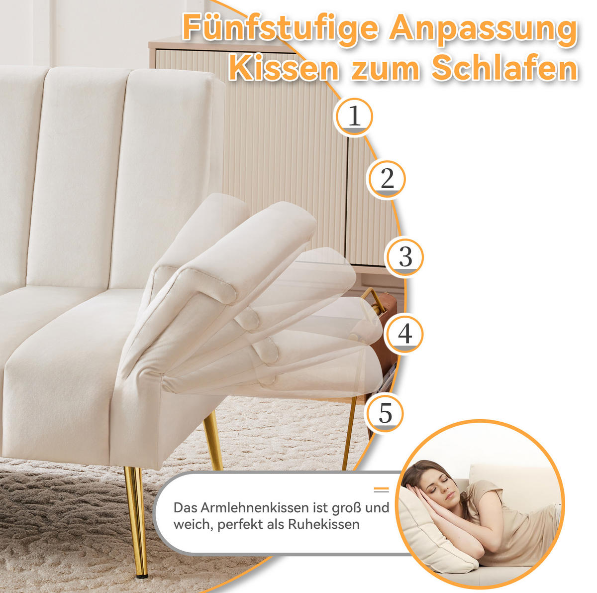 SCHLAFSOFA, Samt mit verstellbarer Rückenlehne & Armlehnen, 183/76/75 cm, Beige - Beige, Textil (76/75/183cm) - Redom