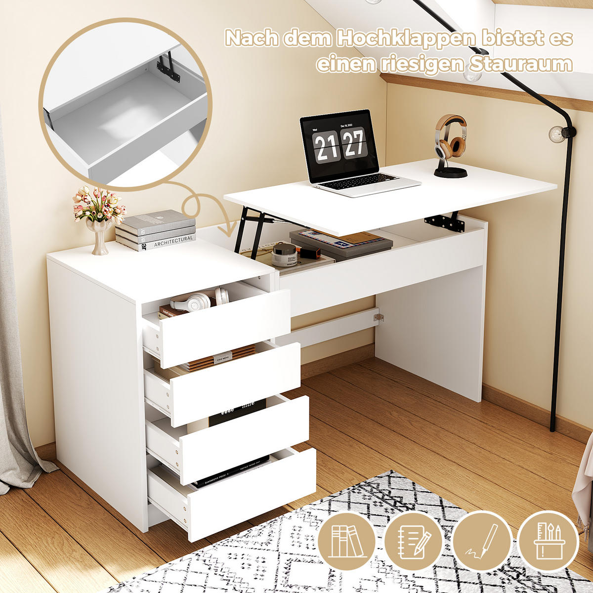 SCHREIBTISCH Weiß 120/50/78-92 cm mit 4 Schubladen manuell höhenverstellbar - Weiß, Holzwerkstoff (50/120/78cm) - PANGIVO