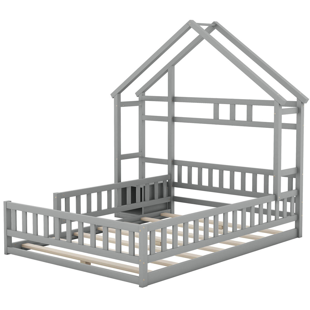 HAUSBETT aus Kiefer und MDF 140x200 cm Grau mit Hausform, Geländer und Nachttisch - Grau, Holzwerkstoff (140/200cm) - Modfu
