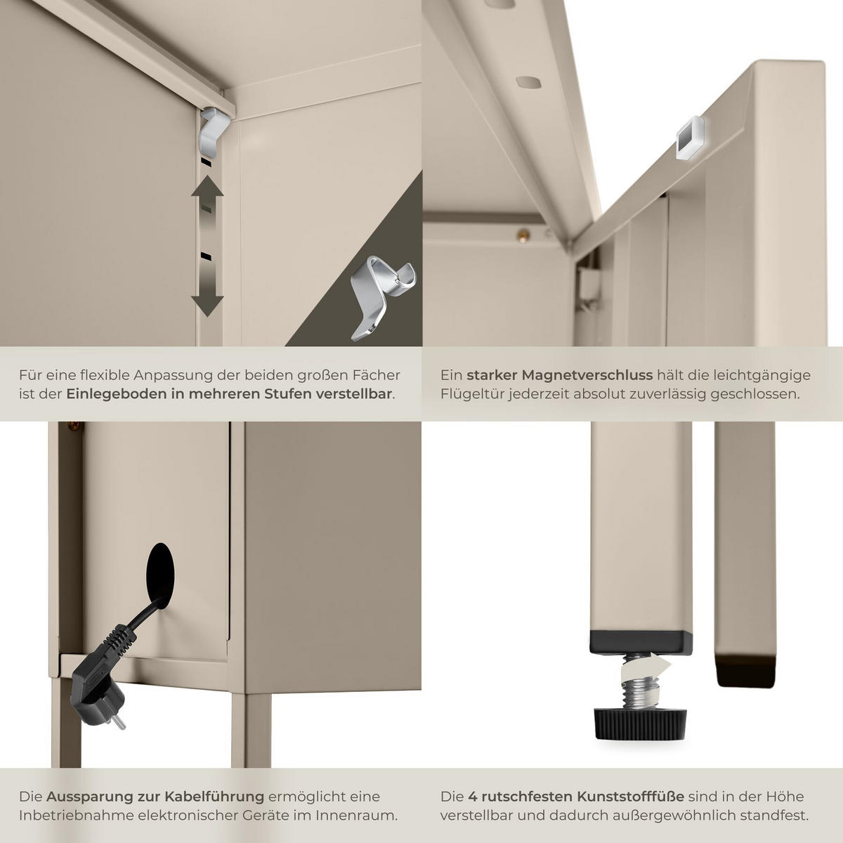 NACHTSCHRANK Baker, Kippschutz, höhenverstellbare Füße, taupe - Taupe, Metall (35/60.5/42.5cm) - tectake
