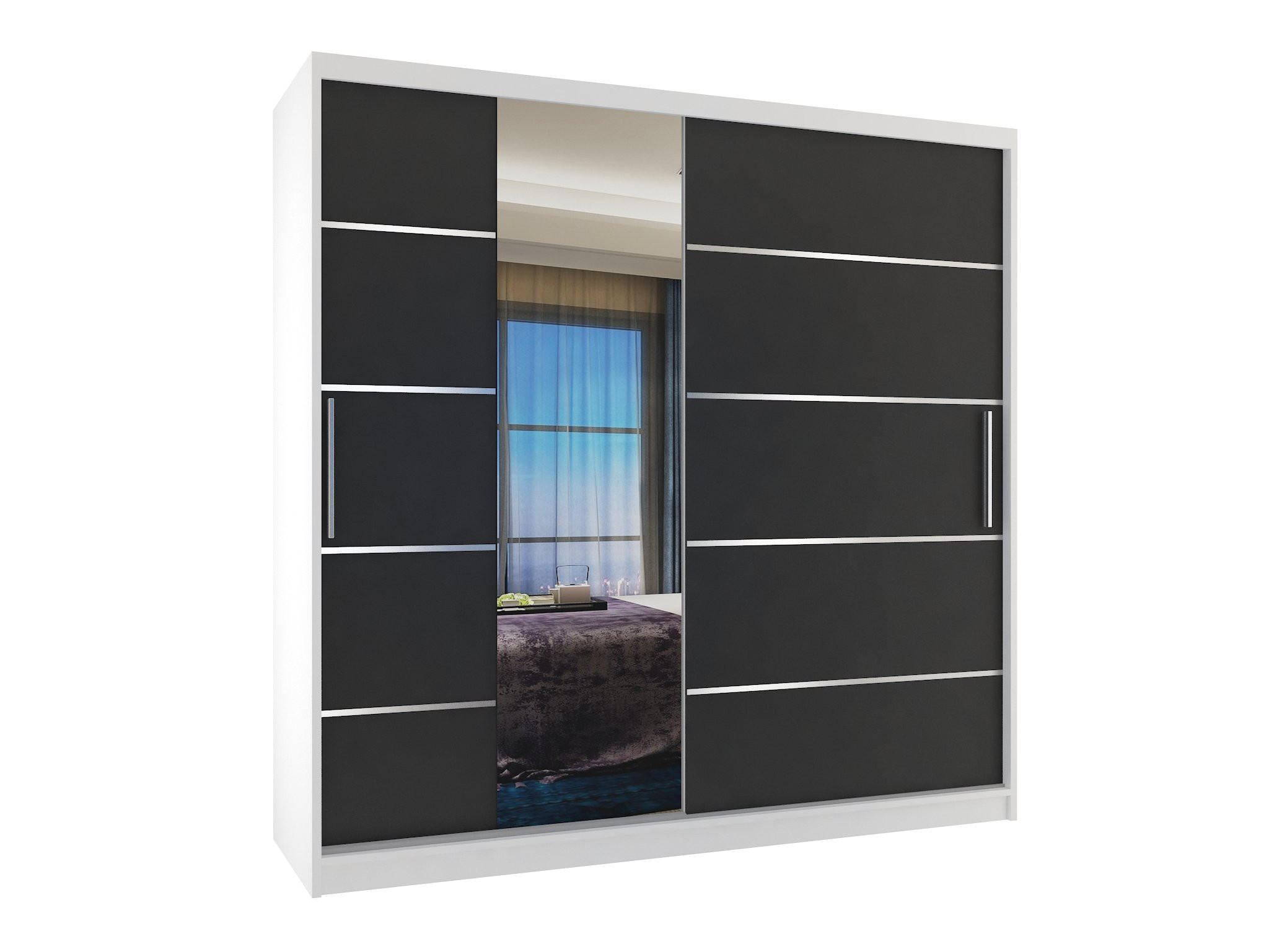 SCHWEBETÜRENSCHRANK Verona MBP, Weiß/Schwarz Matt, 200 cm, mit Spiegel - Schwarz, Holz (200/216/60cm) - B BELINI GROUP