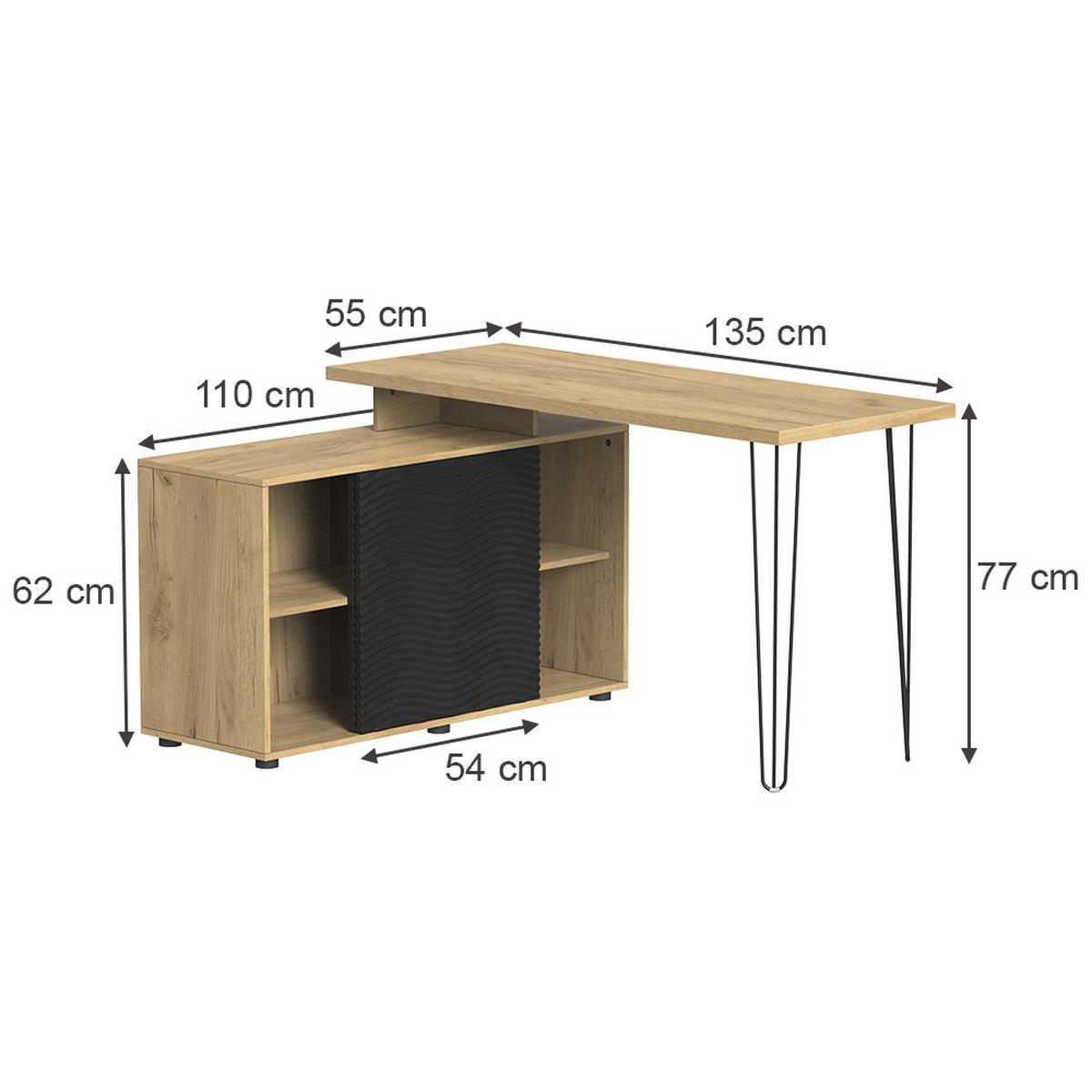 ROHOVÝ PSACÍ STŮL Notivo Černá - černá, kompozitní dřevo (55/135/77cm) - Vicco