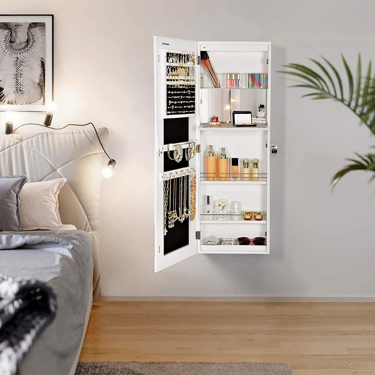 SCHMUCKSCHRANK GANZKÖRPERSPIEGEL - Weiß, Holzwerkstoff (110/10/37cm) - Hansiro
