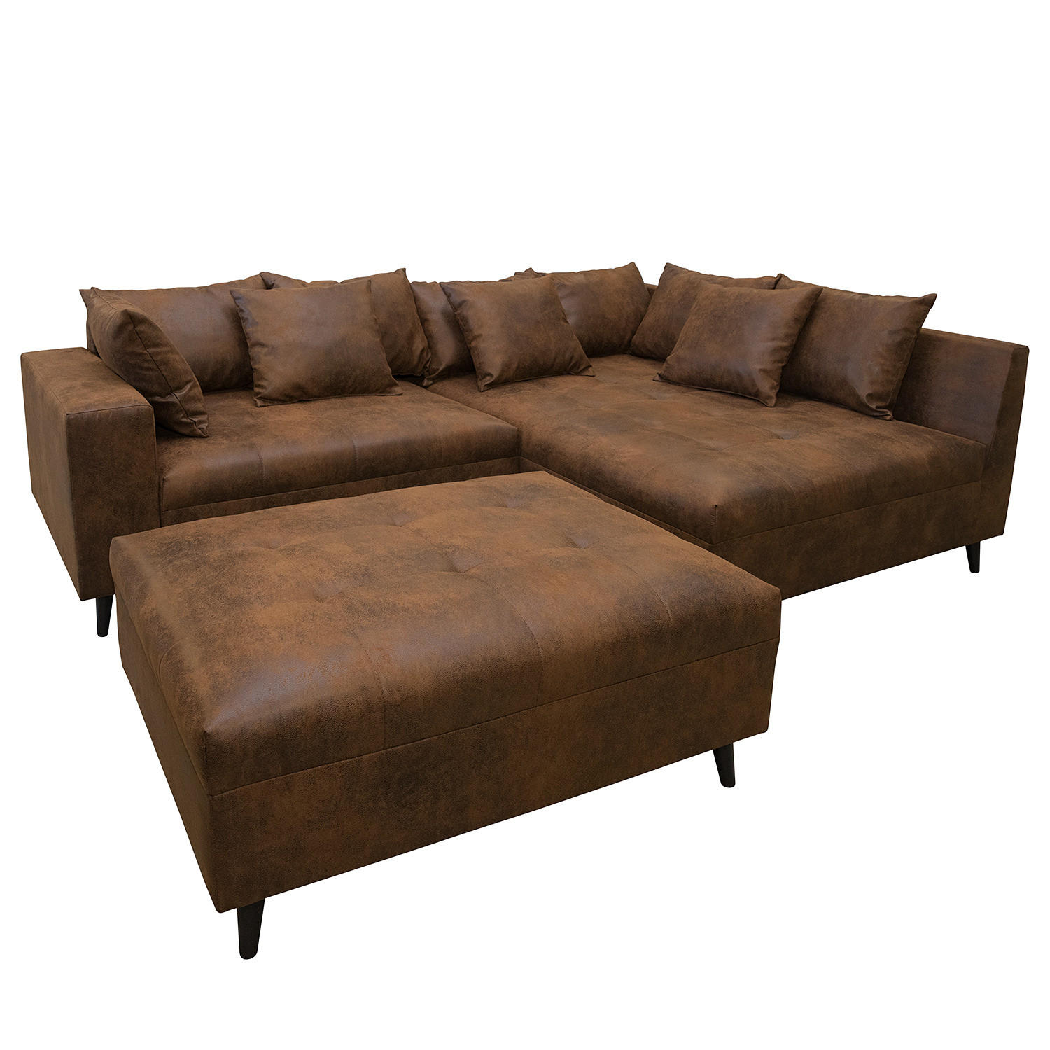 ECKSOFA mit Ottomane und Hocker - Dunkelbraun/Schwarz, Birkenholz/Textil (247/174cm) - home24