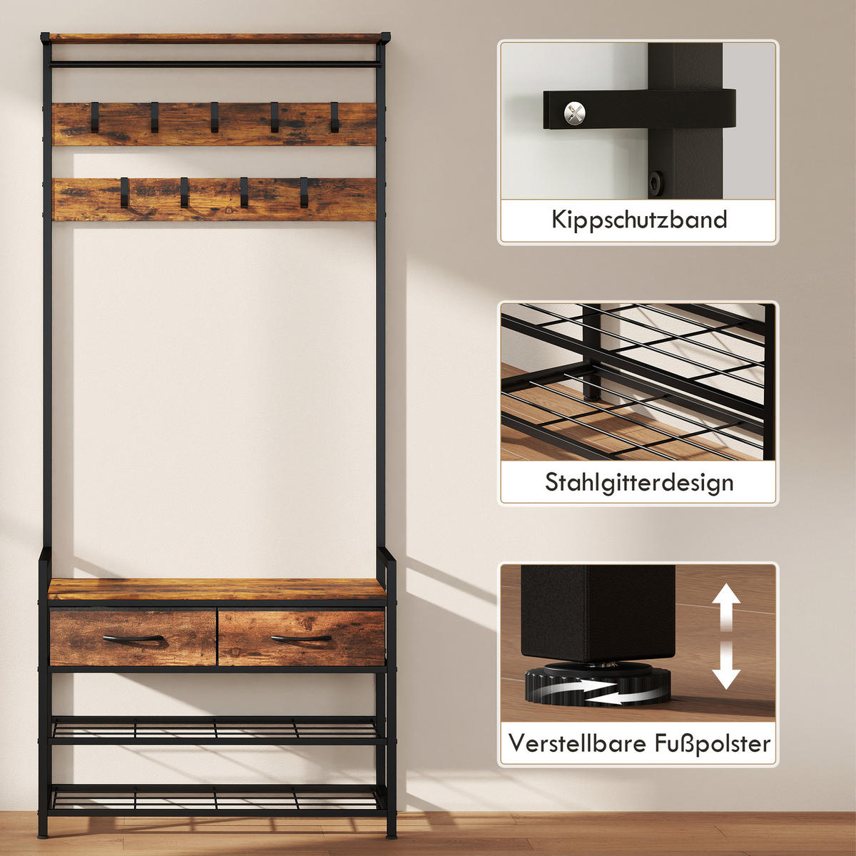 GARDEROBENSTÄNDER aus Spanplatte Rustikal Braun - Braun, Holzwerkstoff (30/181.5/80cm) - HOMCOM