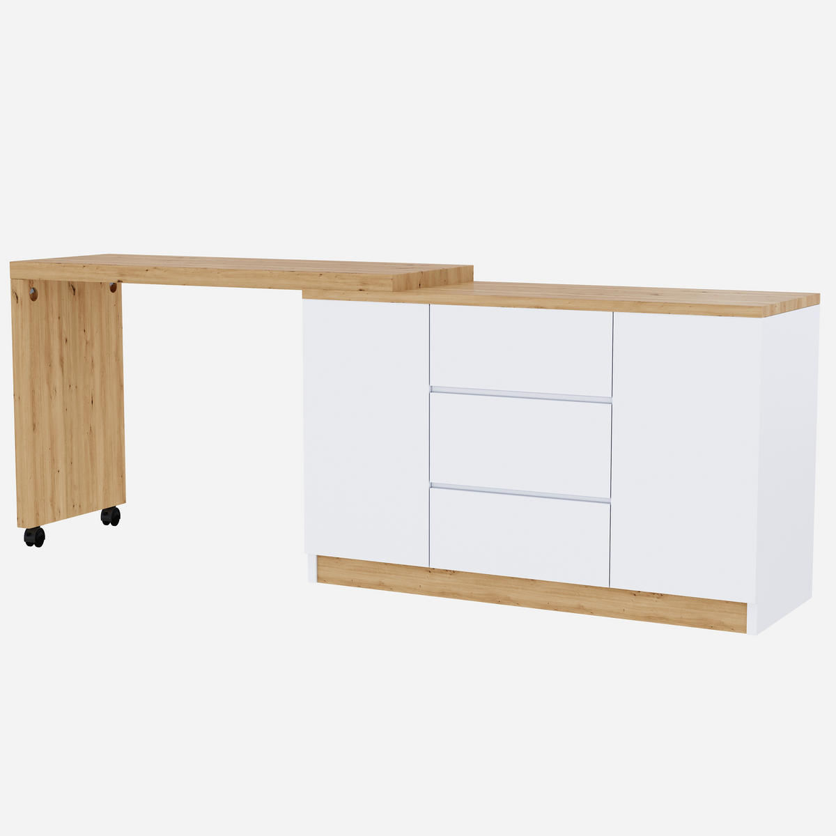 SCHREIBTISCH Rollen drehbar 4cm Tischplatte Weiß Eiche multifunktional - Weiß, Holzwerkstoff (120/50/76.5cm) - FLIEKS