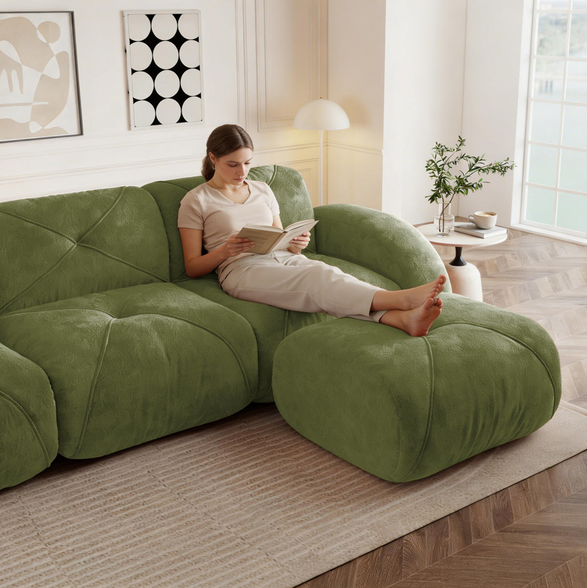 MODULSOFA U-Form 4-Sitzer mit 2 Hockern Chenille Grün - Grün, Kunststoff (171/76/358.1cm) - Meubliv