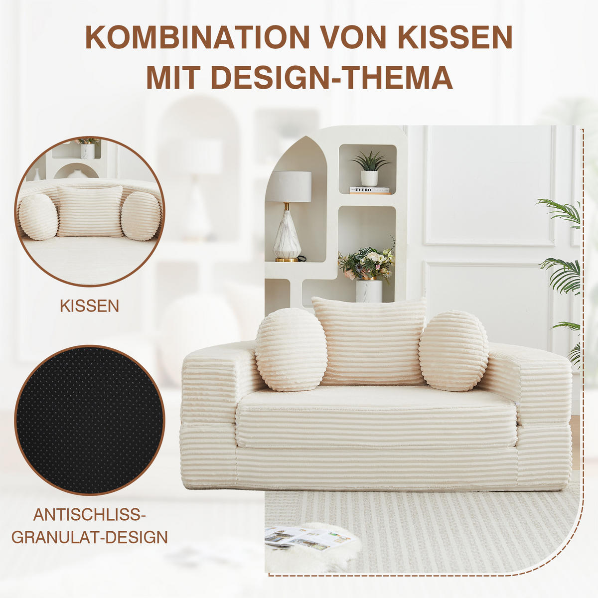 SCHLAFSOFA 4-in-1 halbrund/rund mit 3 Kissen, DE-42726, Beige - Beige, Textil (180/84/92cm) - ComfortXL