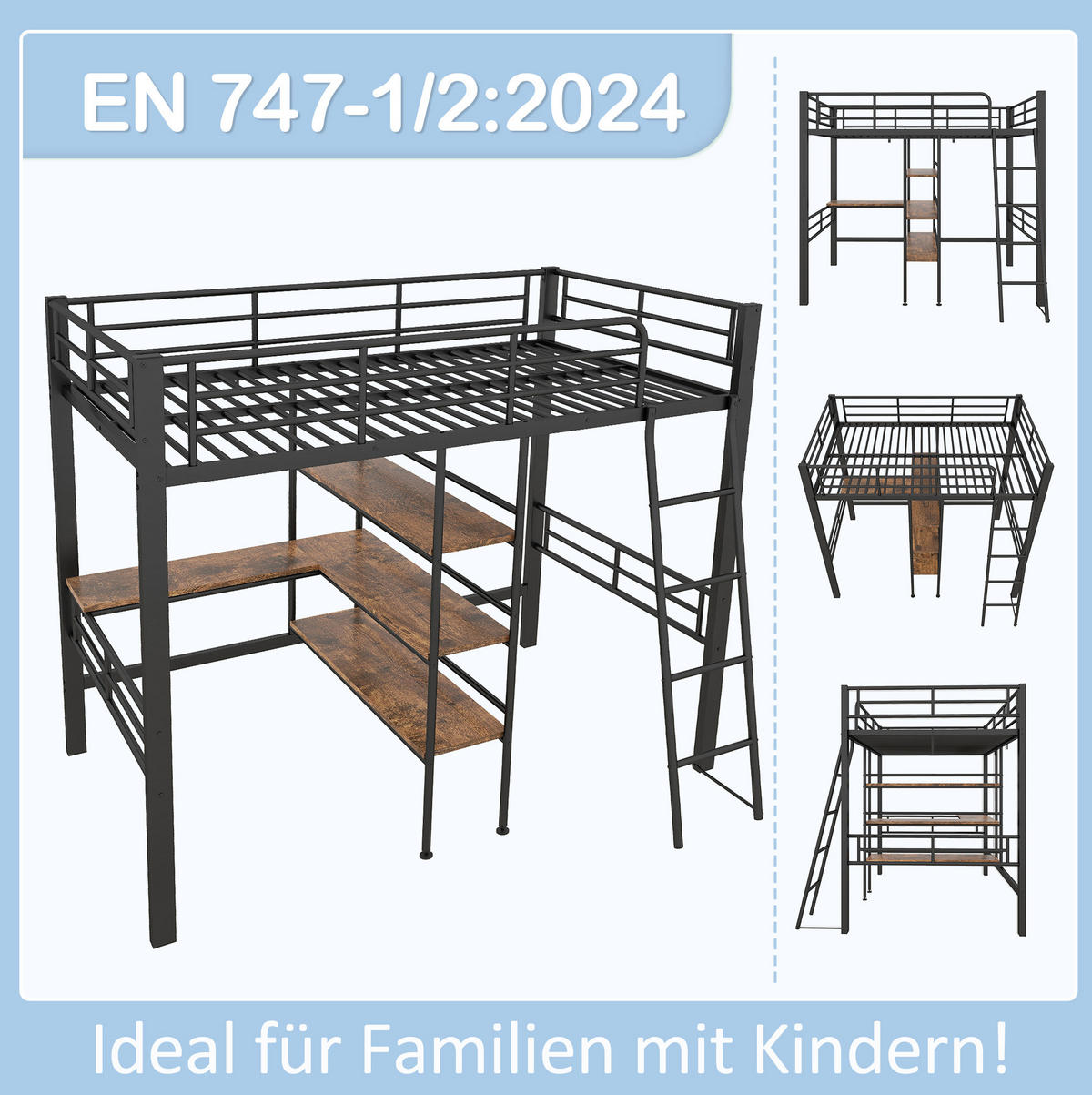 HOCHBETT 90/200 cm aus Metall mit Schreibtisch und Regalen, Schwarz - Schwarz, Metall (90/200cm) - Flora Grace