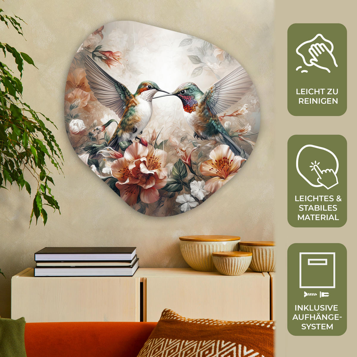 WANDBILD Kolibri - Vögel - Blumen - Natur 90x90 cm - Altrosa, Kunststoff (90/90cm) - MuchoWow